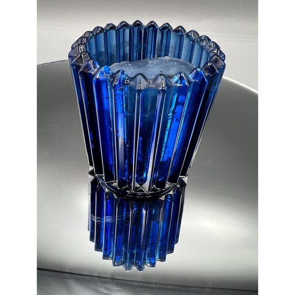 Cobalt Blue Glass Candle Holder With Iron Holder Wood Handle Primitive Look 4.5" - Picture 5 of 15